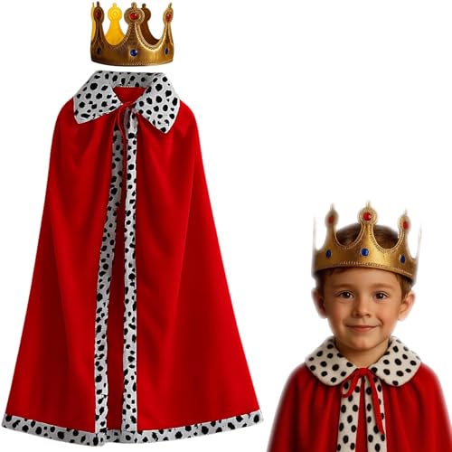 YEWCEP Verkleidungskiste Für Kinder, König Kostüm Mit 90cm Umhang Kinder Und Goldener Krone, Prinz Verkleidung Für Halloween, Weihnachten, Cosplay Und Märchenpartys