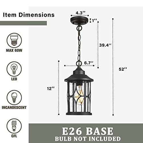 Zeyu Outdoor Pendant Light For Porch - 12 Inch Farmhouse Exterior Hanging Lantern With Seeded Glass, Black Finish, Zx48H Bk #TOP5