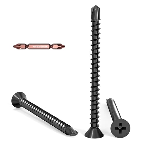 Dayalo 50 viti autofilettanti in lamiera da 4,2 x 50 mm, colore nero, a testa piatta, autofilettanti, in acciaio inox, viti per trapano, viti in metallo, autofilettanti, fessura a croce con trapano