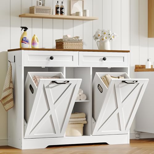 HOOBRO Double Tilt Out Laundry Hamper Cabinet, 23 Gallon Farmhouse Trash Can Cabinet with 2 Drawers...