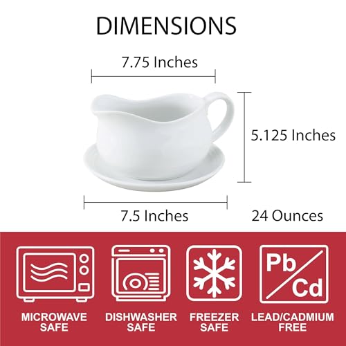 Image of HIC Kitchen Hotel Gravy Boat With Saucer, Fine Porcelain, 24-Ounce Capacity For Gravy, Sauce, Au Jus, Dressing, Holiday Meals, And Entertaining
