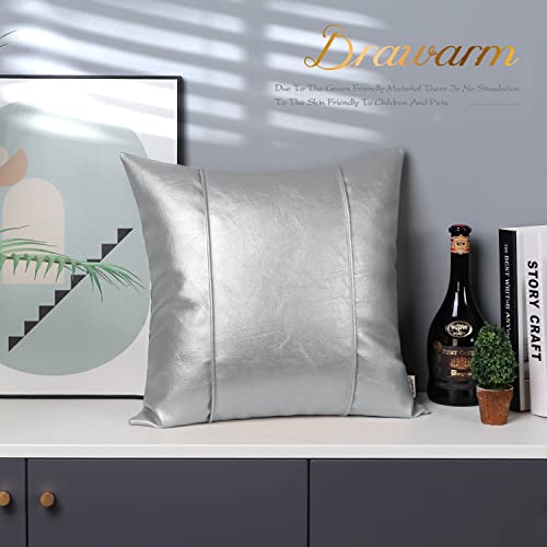 Image of BRAWARM Silver Leather Throw Pillow Covers 16 X 16 Inches - Faux Leather Pillow Cover with Piping, Hand Stitched Leather Throw Pillow for Couch Sofa Bed Living Room Home Decorative