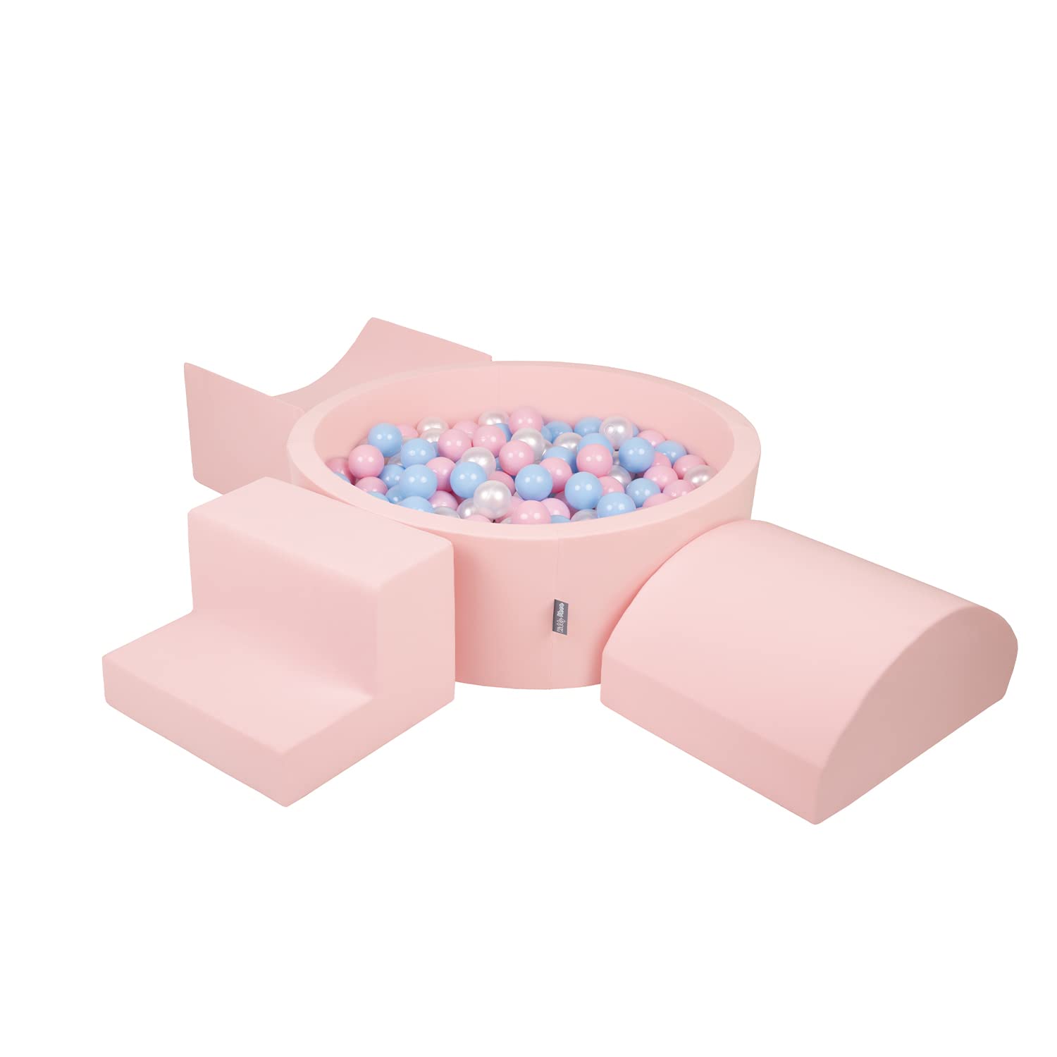KiddyMoon Foam Playground For Kids With Round Ballpit (300 Balls ∅ 7Cm/2.75In) Soft Obstacles Course And Ball Pool, Made In The EU, Pink:Babyblue/Powder Pink/Pearl