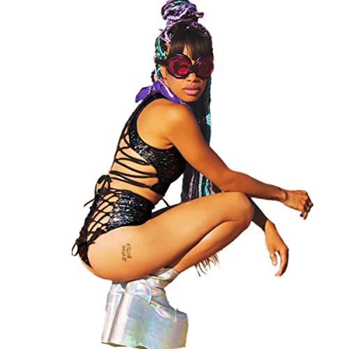 Rarityus Women Rave Holographic Bodysuit Mini Two Piece Hologram Metallic Silver For Dance Party Clubwear Edm Festival #TOP4