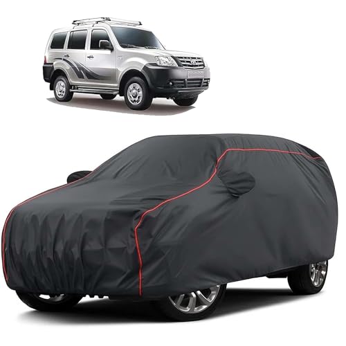 Image of Sulfar 100% Water Resistant Car Body Cover Compatible with Mirror for Tata Movus (Triple Stitched, Full Bottom Elastic, Dark Grey Taffeta with Red Piping)