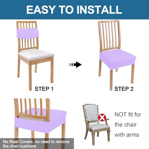 Image of Smiry Waterproof Seat Covers for Dining Room Chairs, No Rear Covers | Stretch Jacquard Removable Washable Chair Seat Slipcovers Protector, Set of 6, Lavander