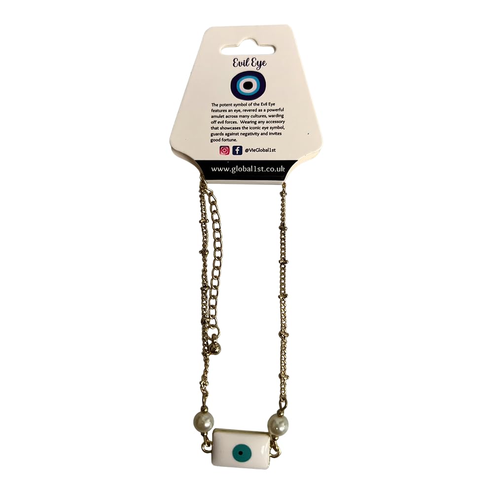 VIE Evil Eye Anklet, White Rectangle with Pearls (JIT)