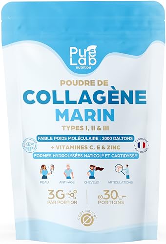 Colágeno Marino Tipos 1 2 3 + Vitaminas C & E + Zinc, 30 porciones, Piel y articulaciones, Hidrolizado e insípido, Péptidos en Polvo, Fabricado en Francia