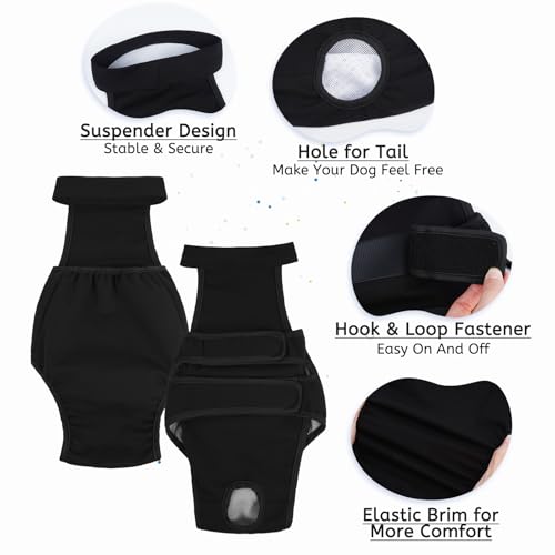 Image of Lelepet Female Dog Diapers with Suspenders, Washable & Reusable Black S | Adjustable and absorbent dog diapers for heat cycles, incontinence, and senior dogs. Comfortable all-day fit. Pet panties