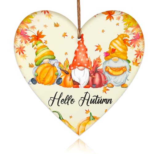 iwiio Hello Autumn Decorations - Targa in legno da appendere a forma di cuore con stampa con foglie autunnali, zucca, segno autunnale, accessori per il Ringraziamento e l'autunno