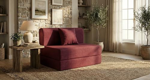 Image of Foldable One Seater Sofa Bed 3 X 6 Ft Jute Fabric Washable Cover Sofa Cum Bed with Cushions Convertible Sofa Bed for Home, Office (Red Color - Pre-Assembled)