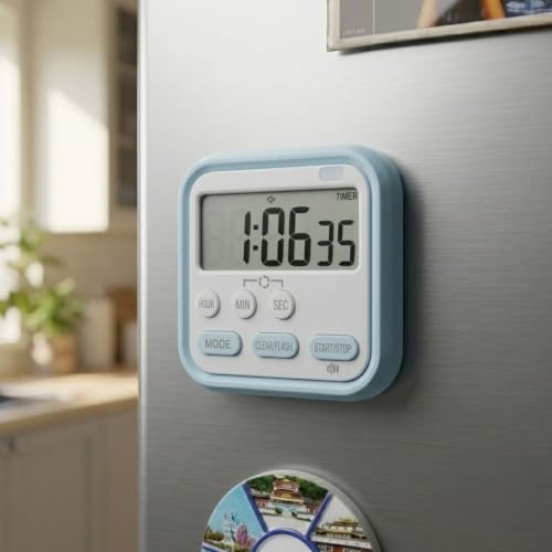 Image of Rosalia Digital Magnetic Kitchen Timer & Clock with Large LCD Screen, 24hr Display, Loud Alarm, Flashing Light, and Retractable Stand Stopwatch for Cooking, Studying, Office, and Time Management