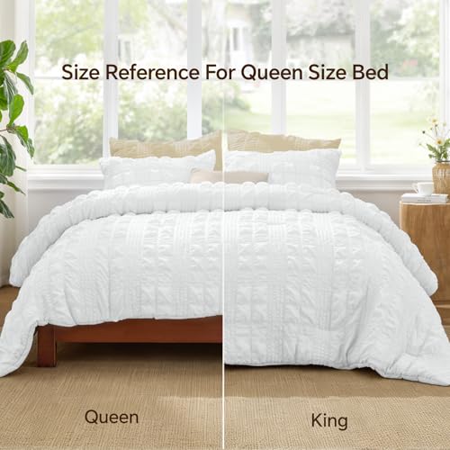 Image of BEDELITE Queen Comforter Set, Seersucker Bedding Set 3 Pieces, Bright White | All Season Use, Machine Washable, Soft and Lightweight, Ruched Comforter for Bedroom, Wrinkle-Resistant, Cozy and Stylish
