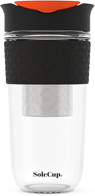 SoleCup Large Travel Mug Loose Tea Infuser - Detachable Tea Strainer with Spill Proof Lid - 18oz/530ml BPA-Free Reusable Glass Travel Coffee Cup with Silicone Band (Black)