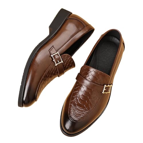 Mens Leather Printed Chunky Heel Loafers Fashion Metal Buckle Comfortable Slip On Round Toe Dress Shoes for Work Office Wedding Business Casual4