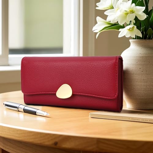 Leather Wallet for Women, Large Capacity Trifold Hand Bag, Credit Card Holder Purse Ladies with ID/Photo Window & Zipper Coin Pocket (Red)2