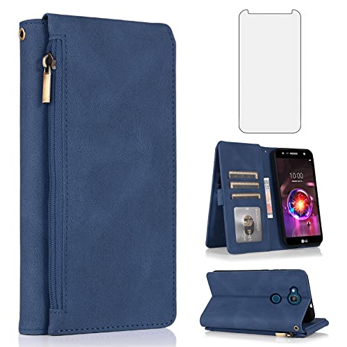 Compatible with LG X Charge/Fiesta 2 LTE/X Power 3/X5/LV7 Wallet Case Tempered Glass Screen Protector Zipper Leather Flip Cover Card Holder Stand for LG-M322 XPower 2 SP320 M327 M322 Women Men Blue