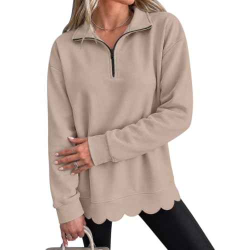 NEKSVTH Scalloped Sweatshirt For Women Khaki S - Oversized Long Sleeve Quarter Zip Scalloped Sweatshirt Casual Y2K Fall Winter Outfits - image 3