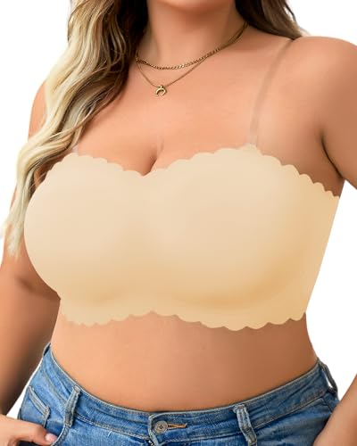 Image of Plus Size Strapless Bras for Women Strapless Push up Bra | Clear straps,No-Slip,Wireless,Full Coverage Bandeau,Jelly Support Technology,Smooth shaping,Everyday ladies strapless bras