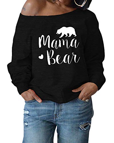 Yanekop Womens Mama Bear Printed Pullover Off Shoulder Sweatshirt Casual Loose Shirt(Black,L)
