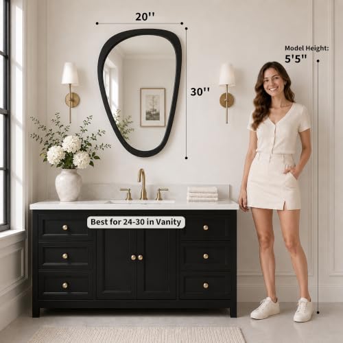 Image of Solid Wood 30x20 Matte Black Organic Irregular Wall Mirror Decor | Bold black finish and asymmetrical shape add clean contrast to modern powder rooms, small bathrooms, entryways, hallways.