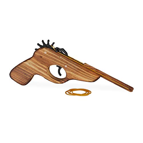 5x Pistola Spara Elastici, Arma Giocattolo in Legno, con 5x Gommini, Divertente Gioco Bambini, Esterno, naturale