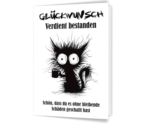 PICTALOO Glückwunschkarte zur bestandenen Prüfung – mitgenommene Katze – lustige Grußkarte zum Abitur, Schulabschluss, Examen, Führerschein, Ausbildung, Bachelor, witzige Karte Geschenk Abi (v1)