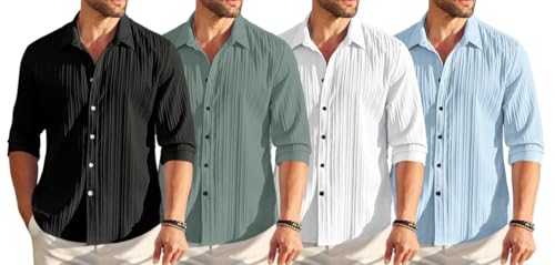 Image of FINIVO FASHION Combo of Men's Casual Cotton Plain Button Down Shirt Long Sleeve Textured Summer Beach Shirt for Men Pack of 4