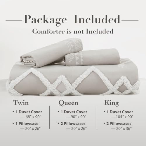 Image of Oli Anderson Boho Duvet Cover Set Queen Size, Light Gray and Ivory Color Clash 3 PCS Microfiber Bedding Set, Durable and Super Soft Duvet Covers with Zipper and Ties, 90 inch*90 inch