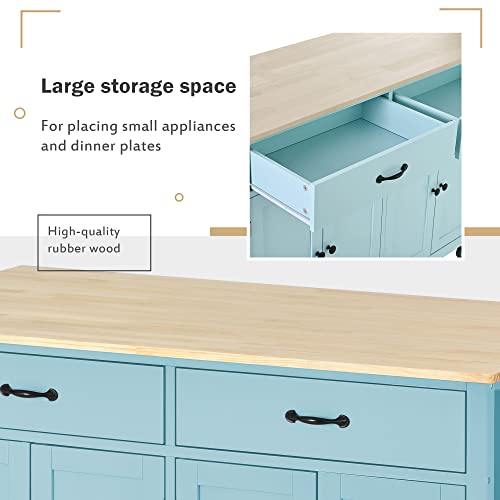 Mint Green Kitchen Island Cart with Locking Wheels, 4 Door Cabinet, 2 Drawers, Spice Rack & Towel Rack for Kitchen, Dining Room & Bathroom - 54.33" W x 18.5" D x 36.22" H