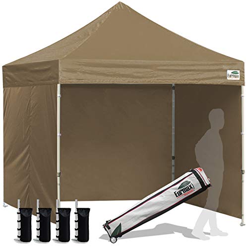 Image of Eurmax USA 8x8 Pop Up Canopy Tent,Commercial Tent with Patented No-Tip Rolling Bag,4 Zippered Removable Walls,UV & Water Resistant Canopy Top,Heavy Duty Outdoor Gazebo,Instant Shelter(Khaki)