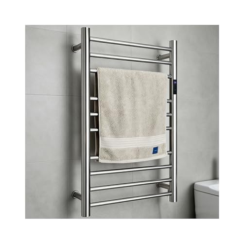 Toallero eléctrico de acero inoxidable, toallero calefactable de pared para baño, 40-70 ℃/104-158 °F, toallero calefactable con temporizador, 10 varillas calefactoras, cableado/enchufable, tubo redond