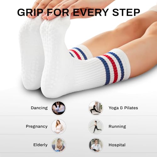 Image of Pilates Socks for Women Non Slip, Cotton Crew Grippy Yoga Socks with Grips for Maternity Hospital Workout, 3 Pairs