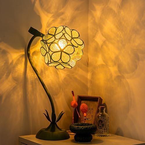 Flower Table Lamp,Vintage LED Stained Glass Desk Lamp,Cute Bedside Reading Light with 3 Color Modes,Kawaii Night Light Ambient Lighting Home Decor for Bedroom Living Room Office(Green)