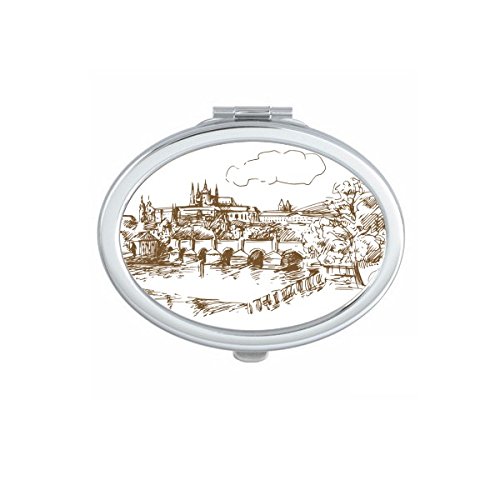 Miroir compact ovale motif Prague idéal pour les retouches maquillage en voyage