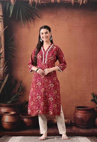 Image of Ichaa Women's Pure Cotton A-Line Ethnic V-Neck Kurta with 3 /4th Sleeve for Daily and Office Wear, in Plus Sizes