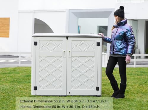 KINYING Larger Outdoor Storage Shed Weather Resistance, Horizontal Outdoor Storage Box Waterproof for Garden, Patios, Backyards, 48 Cu.ft Capacity for Garbage Cans, Lawn Mower, Garden Tools