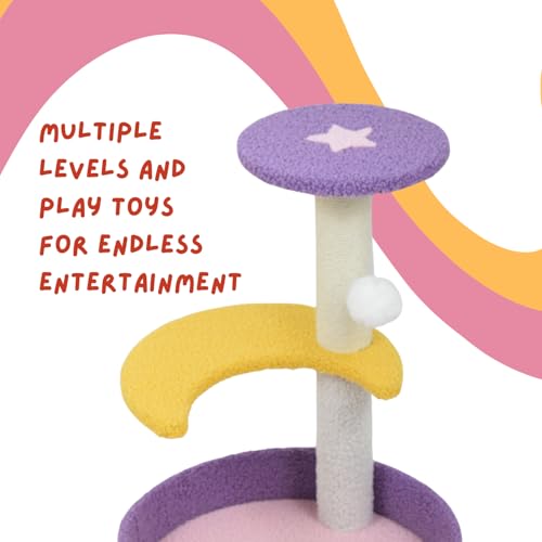 Image of Astra 3-Level Cat Tree for Indoor Cats & Kittens | Cute Star Cat Scratching Post Tower with Pom-Pom Toy, Perch & Cozy Base | Aesthetic Cat Furniture for Indian Homes