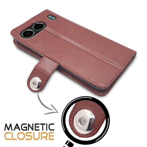 Image of Pikkme Flip Cover Leather Finish | Inside TPU with Card Pockets | Wallet Stand and Shock Proof | Complete Protection Button Flip Case for OnePlus Nord 4 5G (Brown)