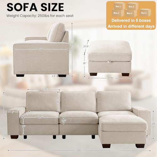 Image of TEKAMON 100 inch Modular Sectional Sofa with Seats Storage, L Shaped Couch with Movable Ottoman for Living Room, Couch with Chaise, Solid Wood Frame, Spring Cushions, USB Port, Removable Covers, Beige