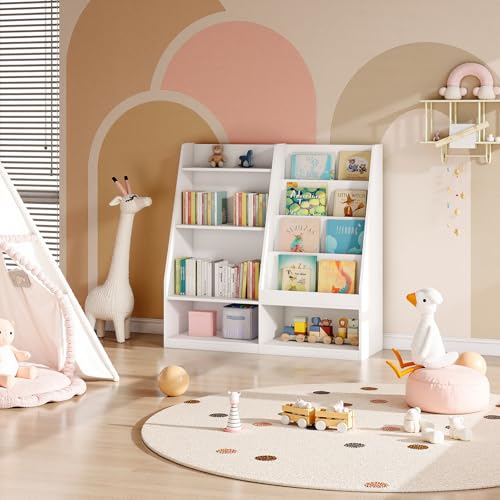 Image of Tatub 4 Tier Kids Wooden Bookshelf and Toy Storage, Children Toy Organizer with Upgraded Book Shelves, Toddler BookRack Baby Bookcase with Upgraded Storage for Nursery, Playroom and Classroom, White
