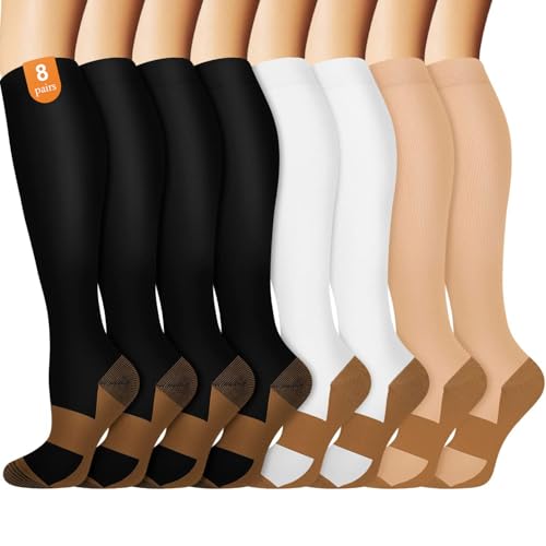 Consejos para Comprar Calcetines y medias para Mujer los más recomendados. 46 Calcetines de Compresión Mujer y Hombre, 8 Pares de Medias de Compresión 15-20 mmH de Cobre, Ideal Calcetas Elásticas de Compresión para Deportivas, Enfermeras, Correr,...