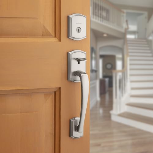 Image of Kwikset Prescott Front Door Lock Handle and Deadbolt Set, Entry Handleset Exterior with Interior Reversible Lever, Satin Nickel, Pick Resistant SmartKey Rekey Deadbolt Security
