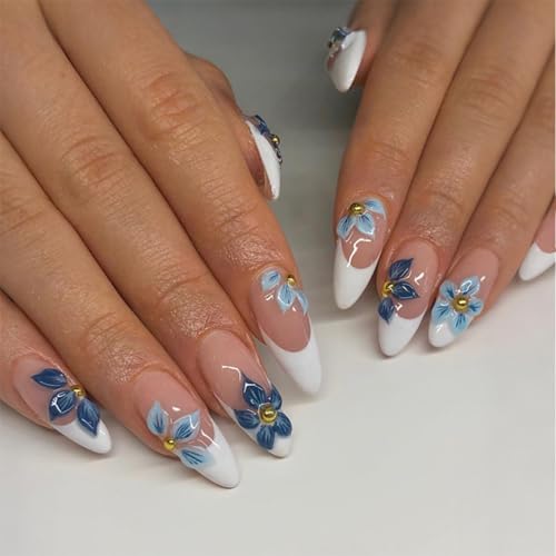 Image of Flower Nail Press ons White French Tip Fake Nails with Gold Design Blue Floral Glue on Nails Glossy Artificial Acrylic Full Cover Medium Almond Stick on Nails for Women Summer Manicure 24Pcs
