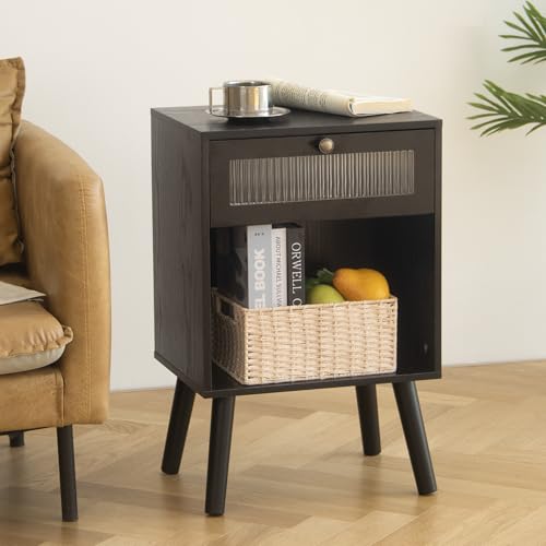 AWASEN Black Nightstand, Modern Bedside Tables with Glass Drawer, Wood Night Stand with Storage Shelf and Solid Wood Legs, Small End Tables Bedroom for Small Space, Black