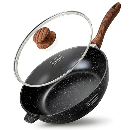 Goldmann Tiefe Bratpfanne 28 CM mit Glasdeckel – Aluminiumguss-Pfanne mit Keramik-Marmor Antihaftbeschichtung, Induktionsgeeignet, Spülmaschinenfest & PFOA-Frei