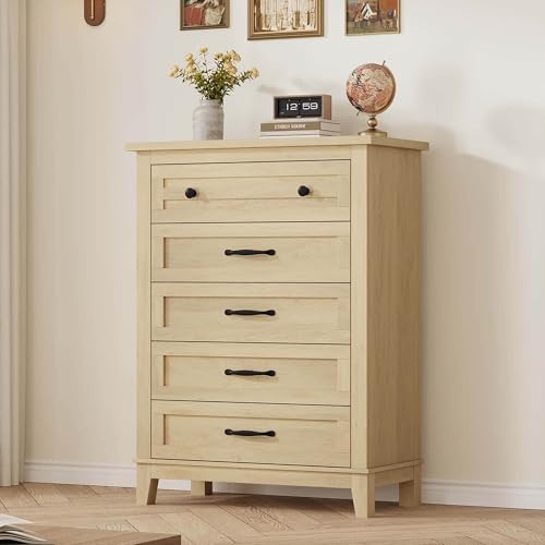 GarveeHome 5 Dresser for Bedroom, 41.3 in Tall Vertical Drawer Dresser with Large Storage, Freestanding Wooden Closet Chest for Bedroom, Living Room, Natural Oak Natural Oak 15.8"D x 31.5"W