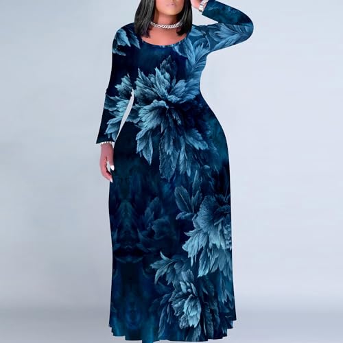 Image of PinkPatty Plus Size Maxi Dress for Curvy Women Crew Neck Long Sleeves Casual Dress Vacation Sundresses with Pockets