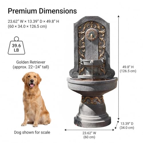 Image of Bumilgar Outdoor Wall Fountain with LED Lights, 49.8 inch H Freestanding Gilded Fleur-de-Lis European Resin Standing Waterfall Feature, European Resin Flat Back Yard