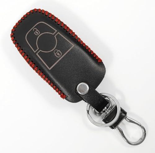 Image of Leather Smart Car Key Cover Case with Metal Hook Keychain for Ford EcoSport (Black)